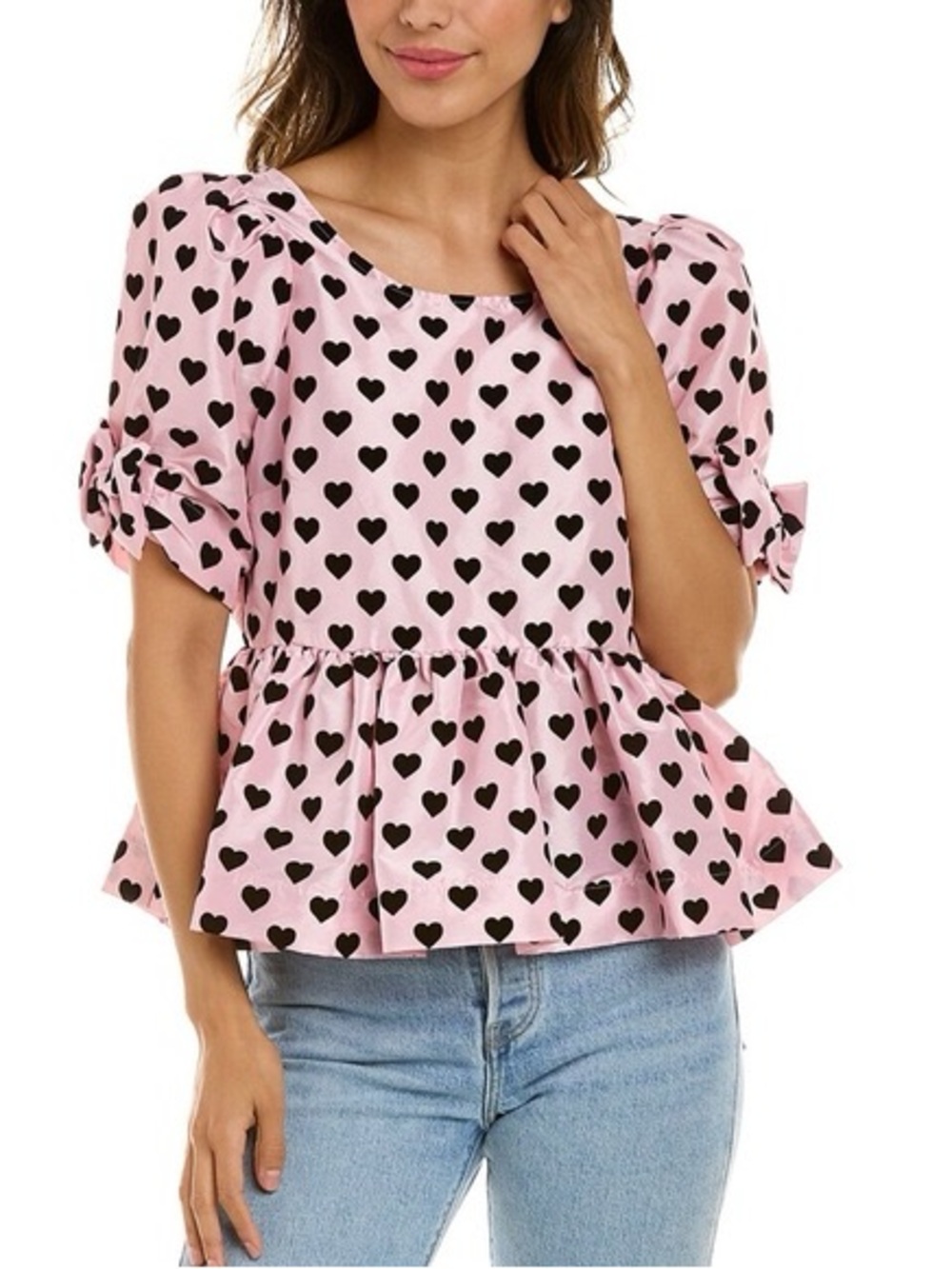 NWT✨ LoveShackFancy Pink Heart-Print Bow Short Sleeve Peplum Blouse Top 4